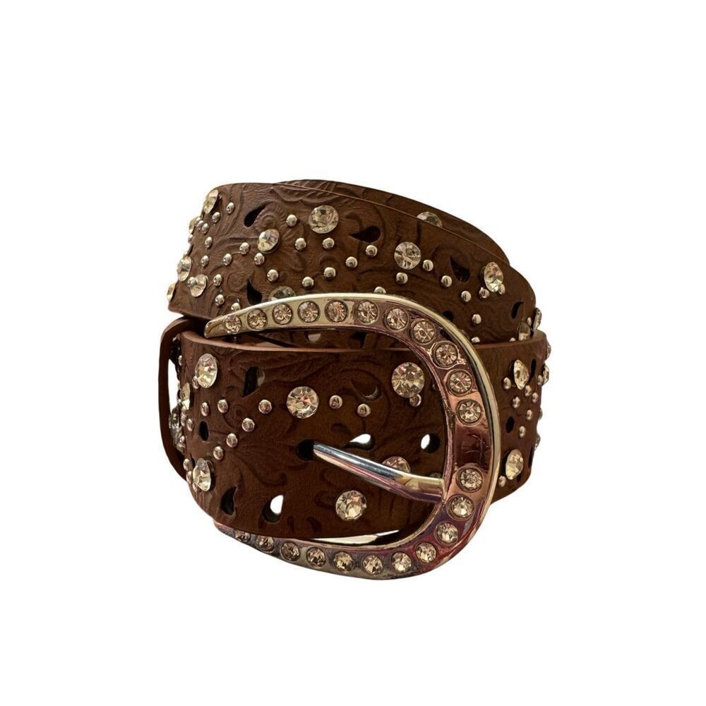 BKE Western Laser Cut Embossed Faux Leather Brown Belt Studded Rhinestones Large